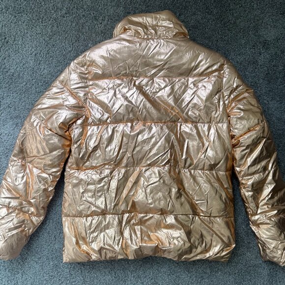 Old Navy Metallic Gold Puffer Jacket Coat warm fleece lining ski mobwife - Picture 4 of 4
